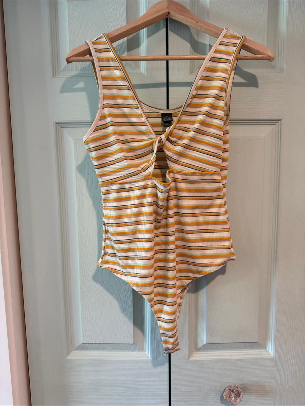 wild fable Yellow & White Striped Twist-Front Ribbed Bodysuit